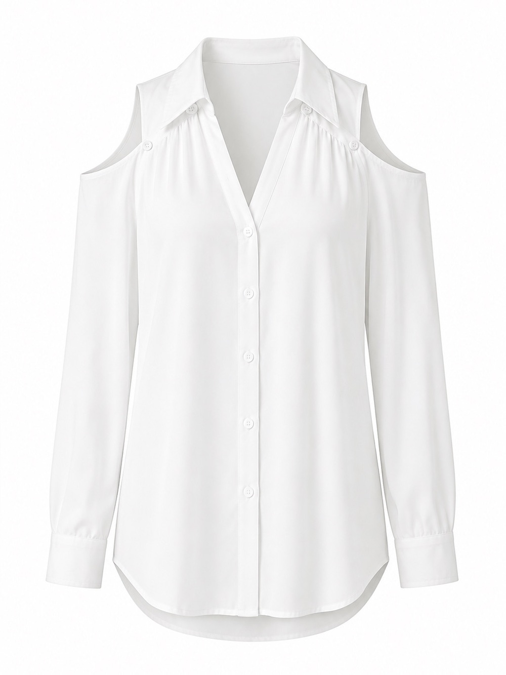 White Cold Shoulder Button-Up Blouse - Cutout Shoulder